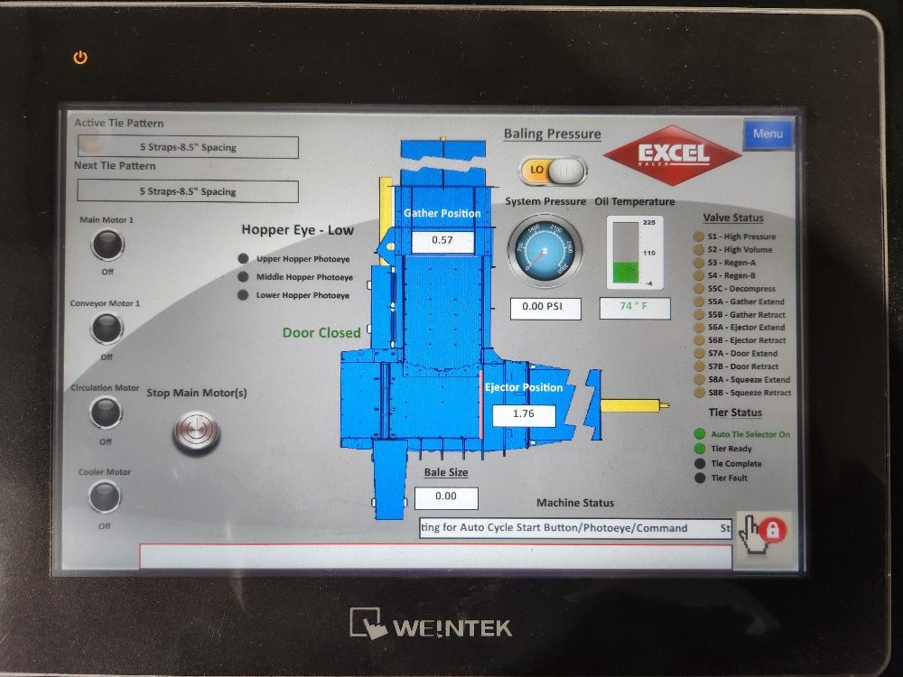 Excel 2R Series baler Autonetics touchscreen control panel with absolute ram position sensor and electronic display