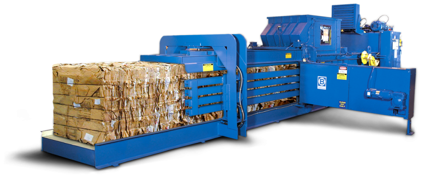 Balemaster EO-Series horizontal auto-tie baler showing oversized hopper feed chute and bale ejection side