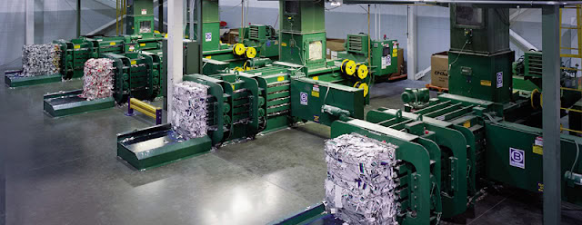 Balemaster E-Series horizontal auto-tie paper baler producing high density bales of office paper and high grades
